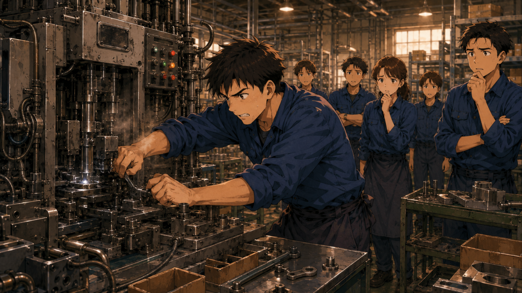 一人の作業者が必死に機械へ対応している。
周囲の同僚たちは遠巻きに見ているだけで誰も手伝えない状態。
機械操作が特定の一人に集中する属人化の問題を表したイラスト。