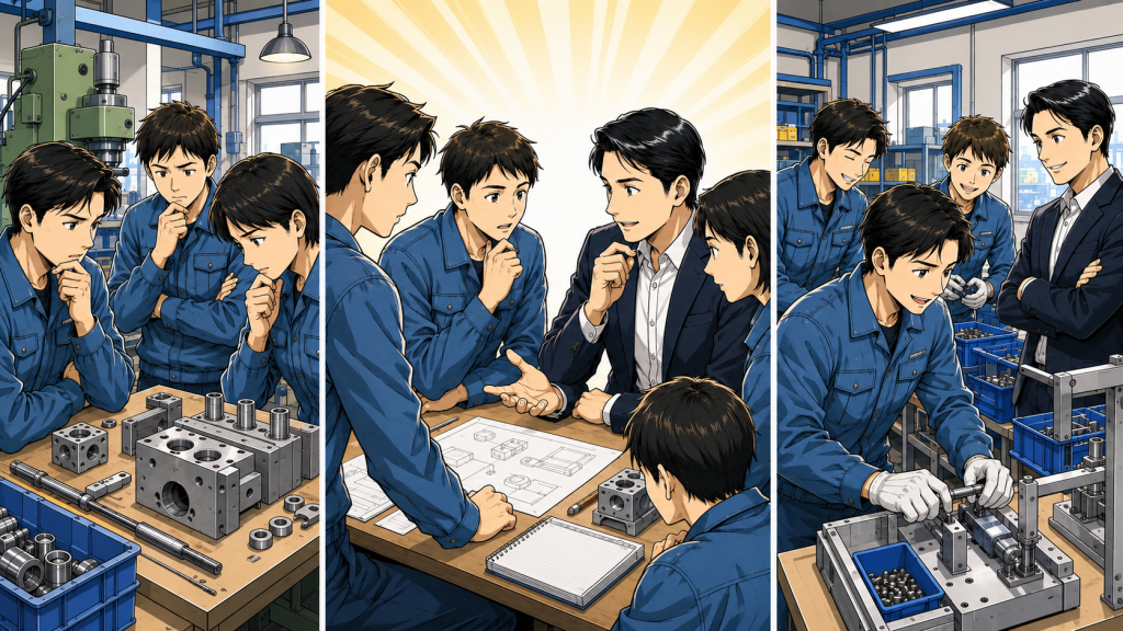 現場の悩みを相談し対話から最善解に気づく様子のイラスト