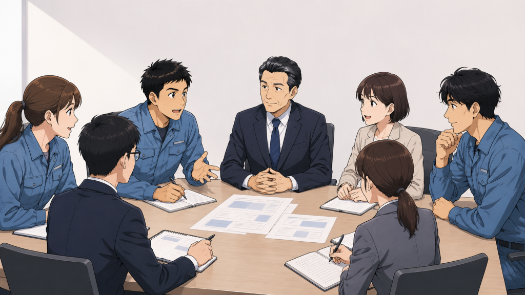 決裁者を交えて社内で仕様について話し合う打ち合わせのイラスト