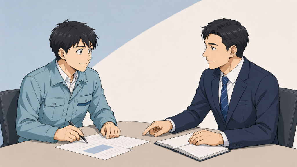担当者と技術者が穏やかに仕様を確認し合う打ち合わせのイラスト