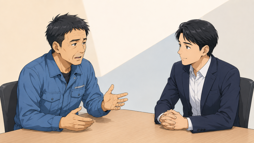 工場の担当者が身振りを交えて現場の状況を説明しているイラスト