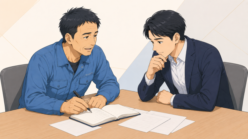 ノートを広げながら現場の状況を一緒に整理している様子のイラスト