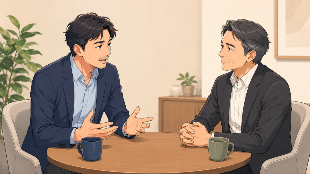 スーツ姿の男性二人が、コーヒーカップを前にした丸テーブルを挟んで 落ち着いた様子で話している場面のビジネス漫画風イラスト