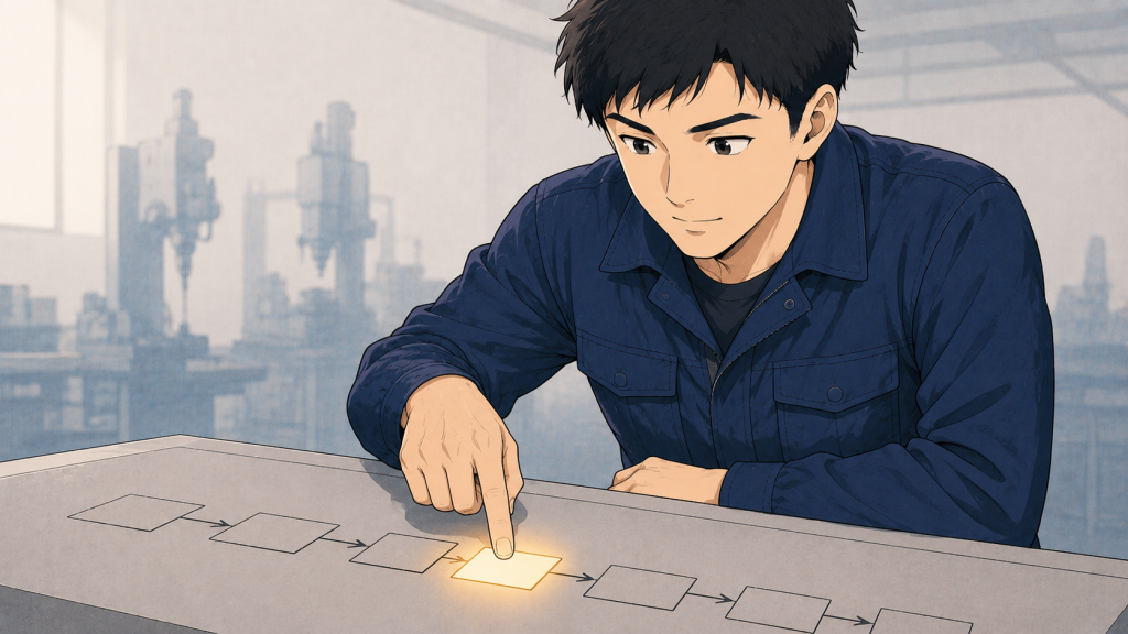 一つの作業工程を細かく分解して見直す技術者のイラスト