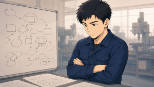 自動化の前に現場の困りごとを整理して考える技術者のイラスト