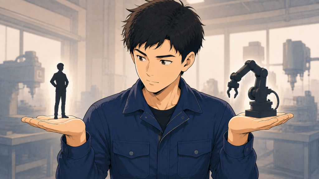 人と機械、それぞれの役割分担を考える技術者のイラスト