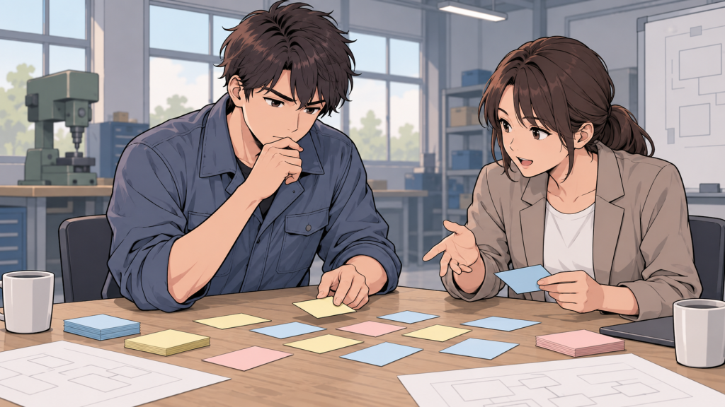 男性技術者と女性が机の上で付箋を並べながら話し合っている様子のイラスト