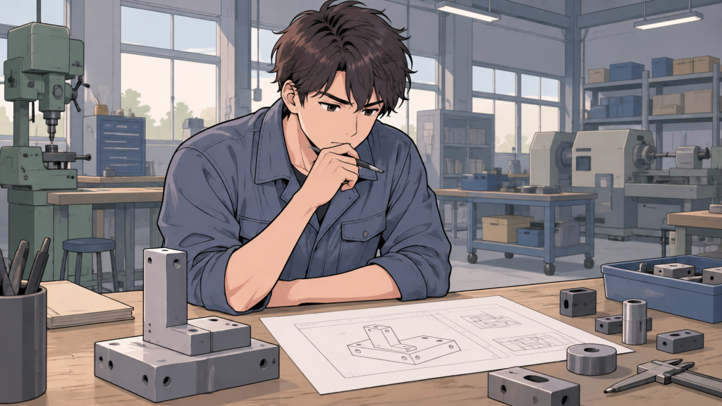 作業服姿の男性が工場の机で図面を見ながら考え込んでいる様子のイラスト