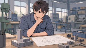 作業服姿の男性が工場の机で図面を見ながら考え込んでいる様子のイラスト